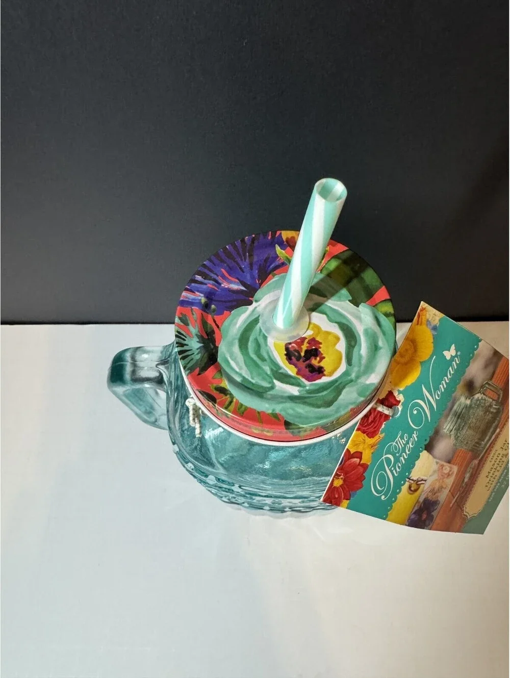 Pioneer Woman Teal Mason Jar Drinking Glass W/Lid & Straw 32 OZ NWT Cassie